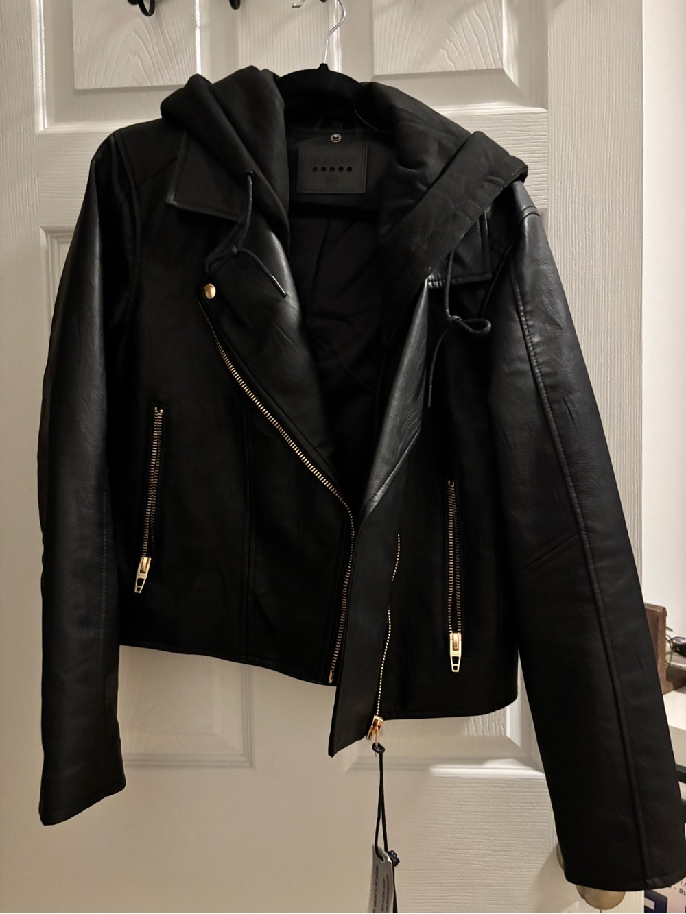 Blank NYC Black Hooded Faux Leather Moto Jacket